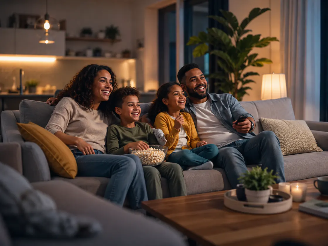 Family enjoying home entertainment together in a modern living room