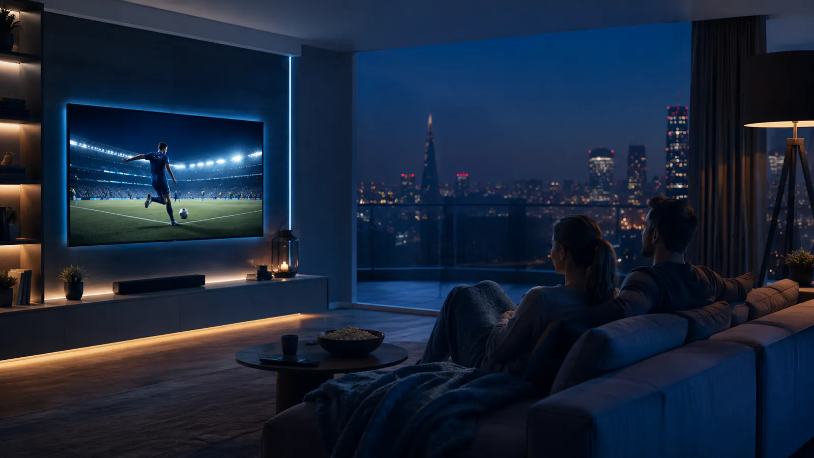Two viewers watching live football in 4K on a wall-mounted smart TV in a modern city apartment at night