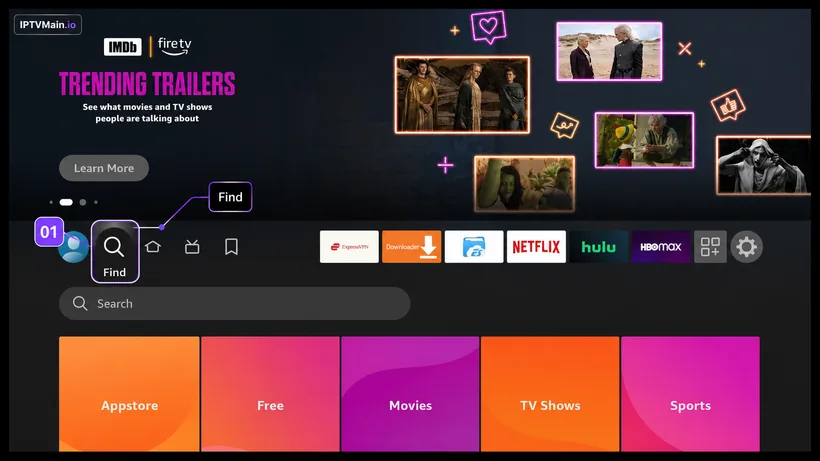 FireStick home screen with Find highlighted