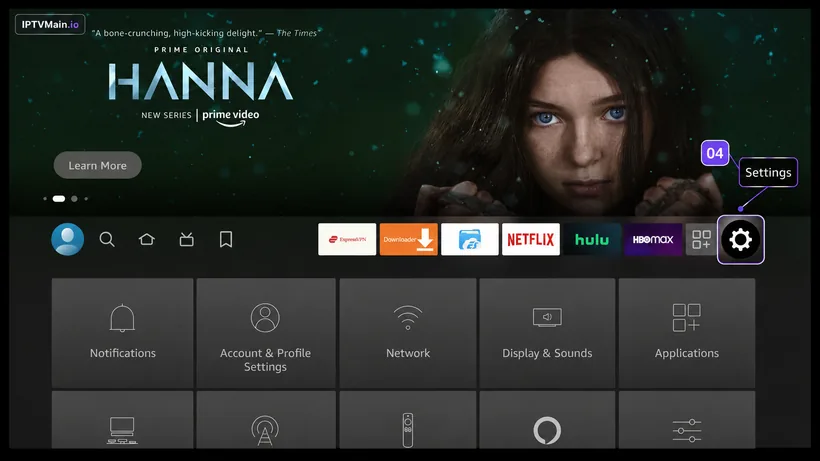 FireStick home screen with the Settings gear highlighted