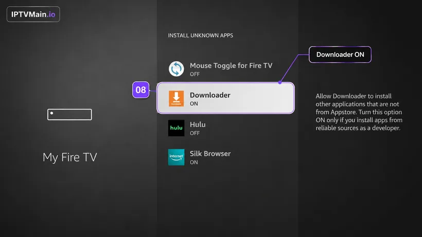Turning on the unknown apps permission for the Downloader app