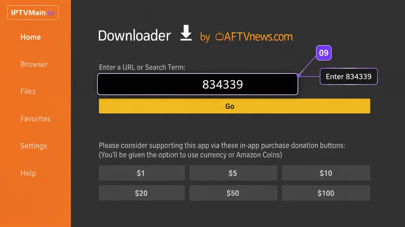 Downloader app with the IPTVMain code entered in the URL box