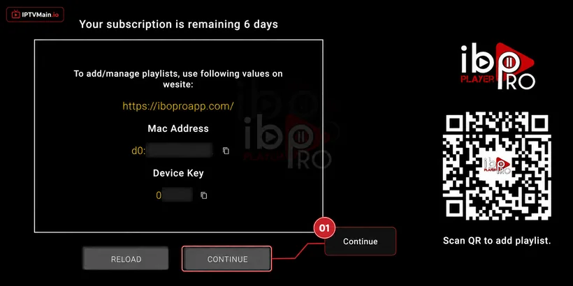 IBO Player Pro popup showing the MAC Address and Device Key