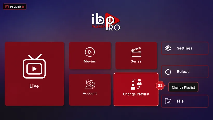 IBO Player Pro home page with Change Playlist highlighted