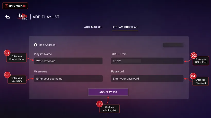 IBO Player Pro Xtream Codes API form with numbered fields