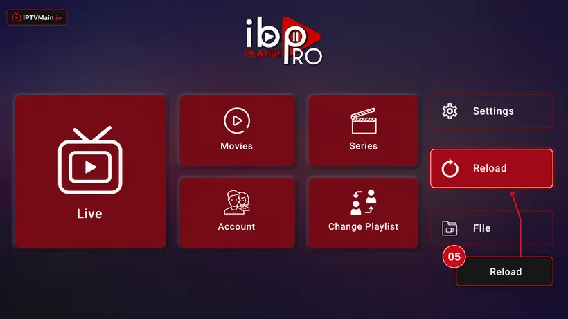 IBO Player Pro home page with Reload highlighted