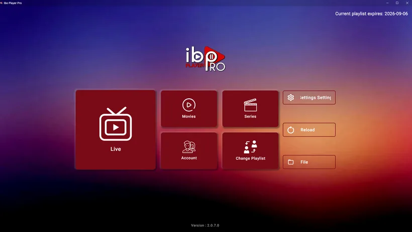 IBO Player Pro running on Windows showing the Live, Movies, Series, Account and Change Playlist menu